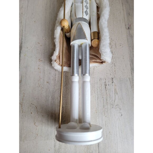 Nutcracker large wooden white staff guard Xmas home decor gold trim - Picture 2 of 8